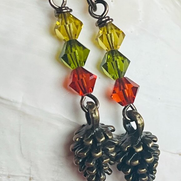 Pinecone Earrings: Swarovski Crystal & Antiqued Bronze, Woodland Jewelry - Picture 4 of 5